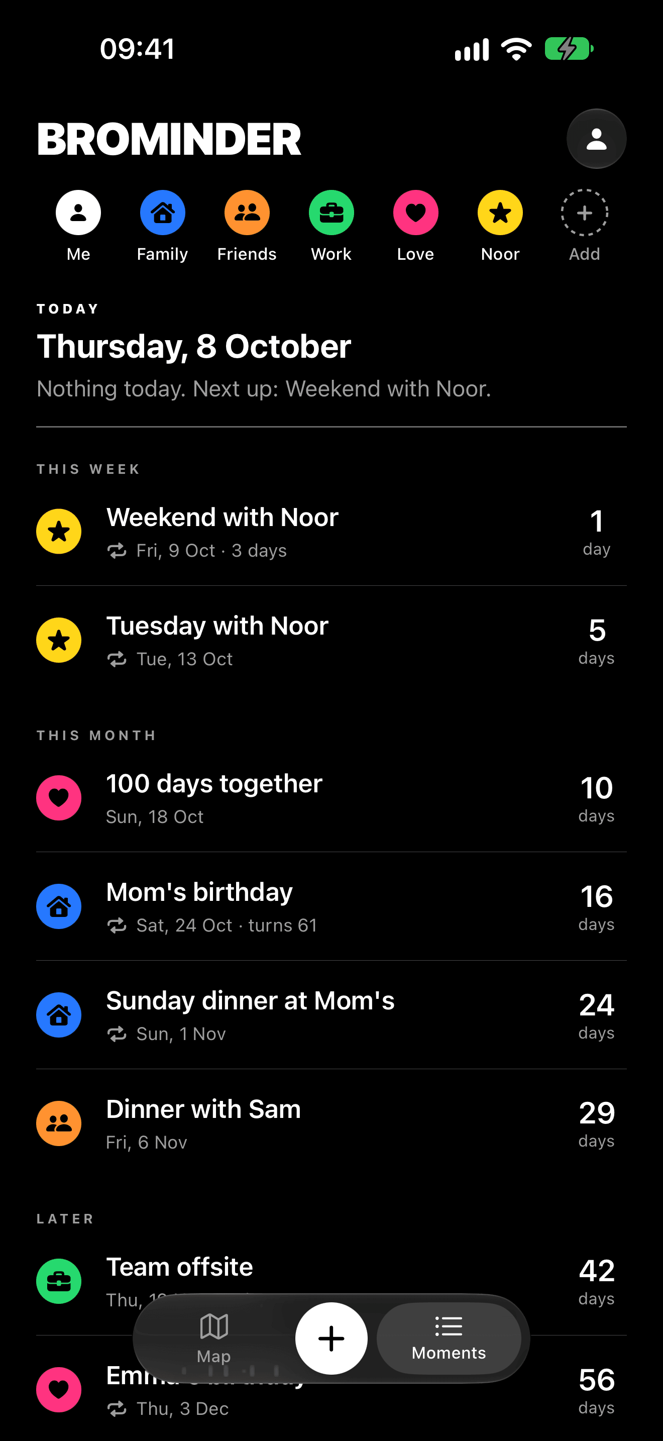 BROMINDER moments list with upcoming birthdays and recurring plans