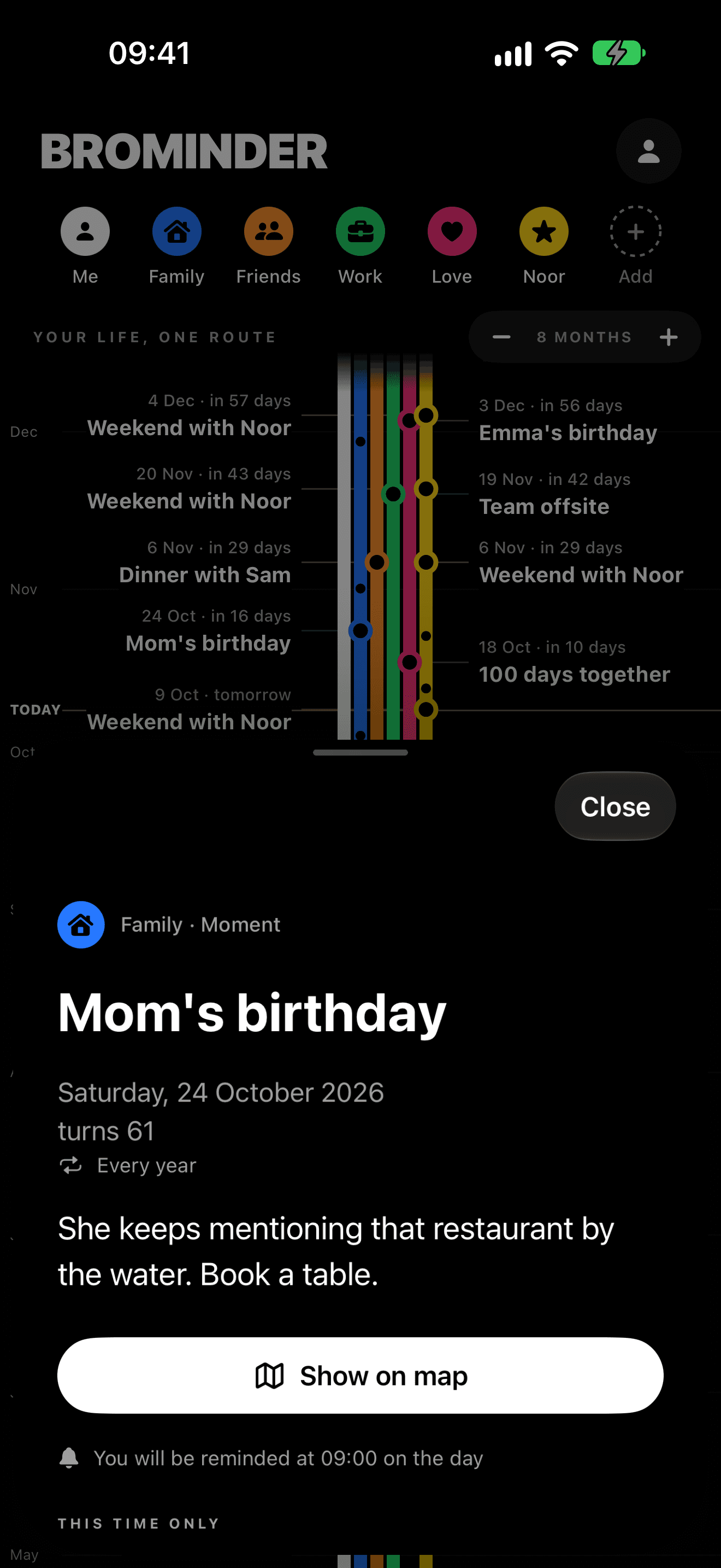 Birthday details in BROMINDER, with yearly recurrence and a personal restaurant note